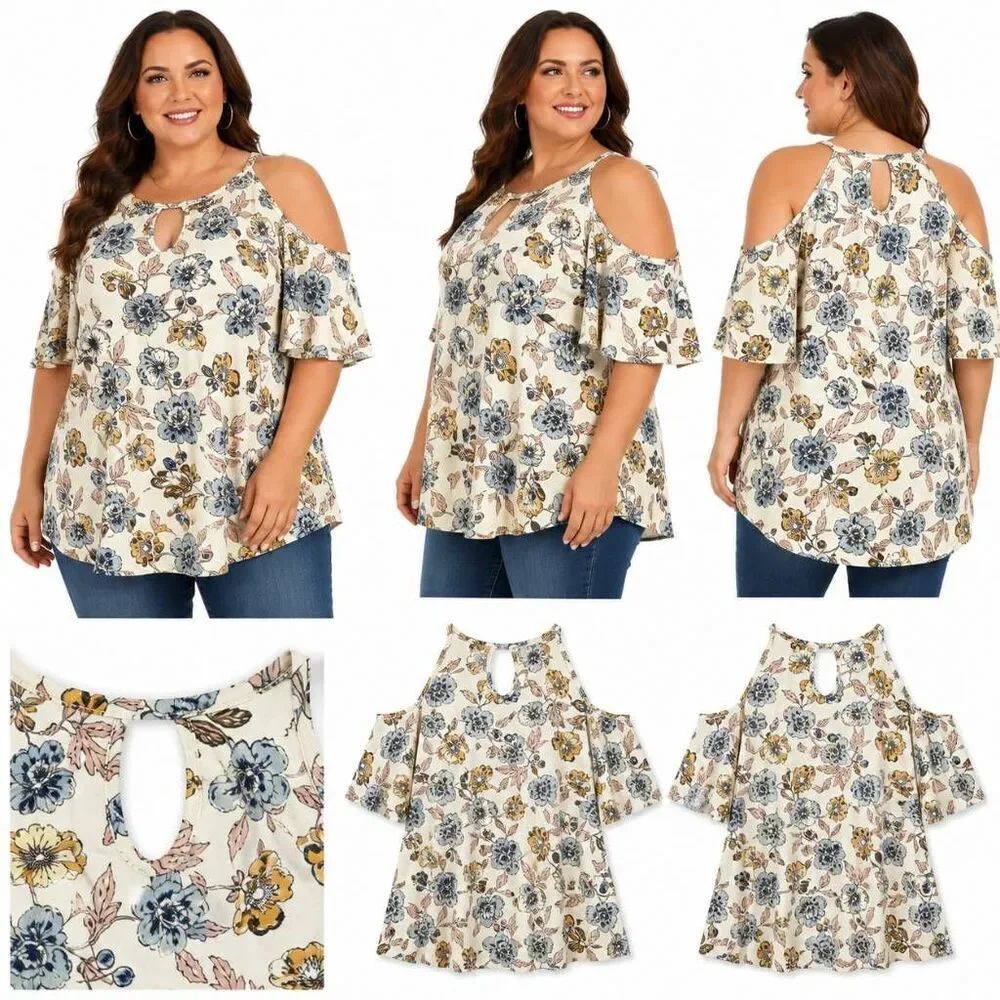 Luq Floral Cold Shoulder Keyhole Top Large Boho